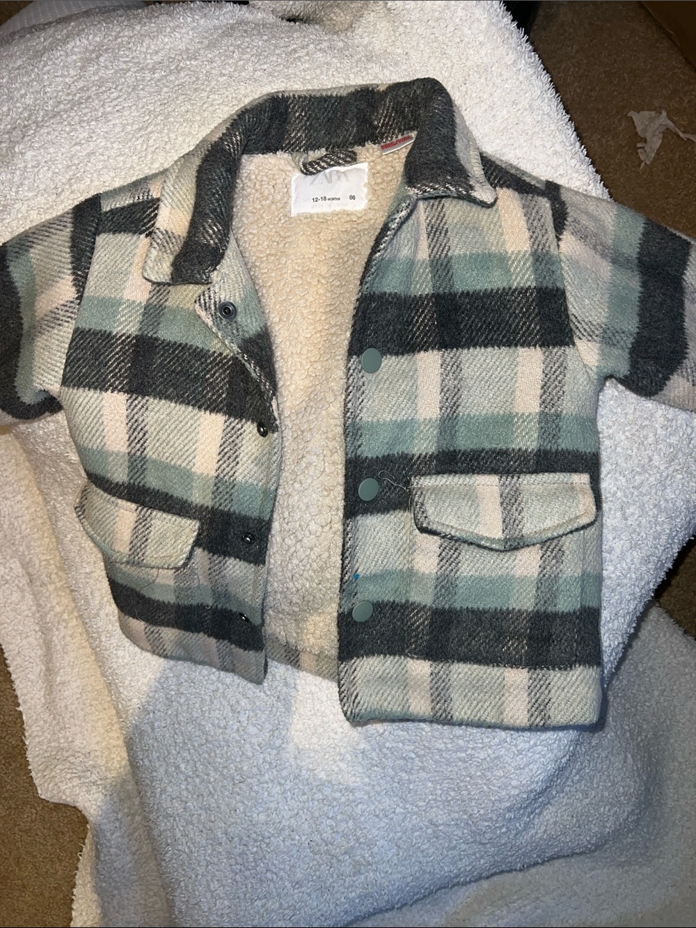 Zara Plaid Sherpa-Lined Jacket in Green, Black, Cream 12-18 mo